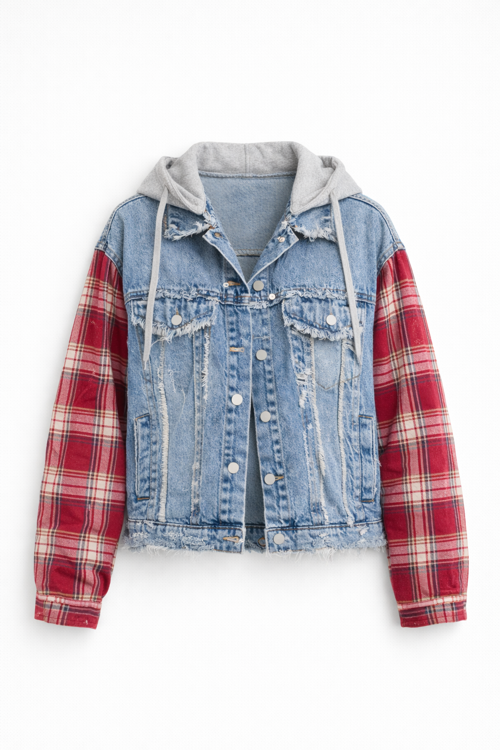 Plaid Drawstring Denim Jacket