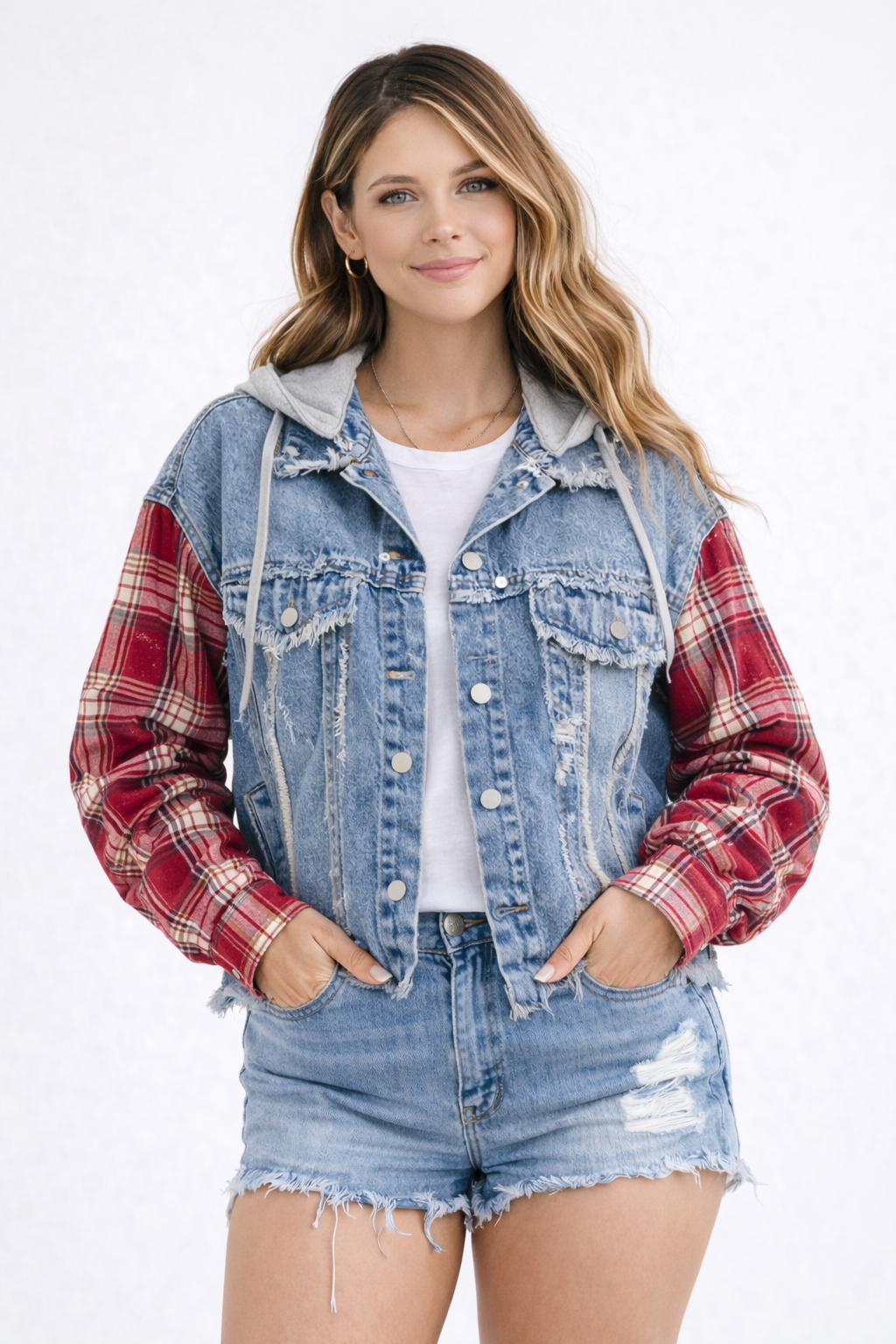 Plaid Drawstring Denim Jacket