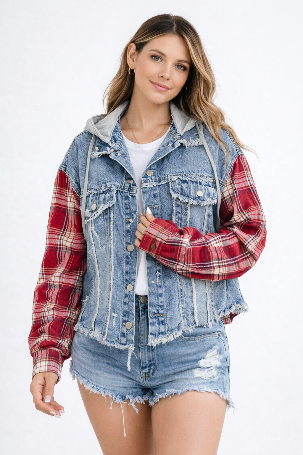 Plaid Drawstring Denim Jacket