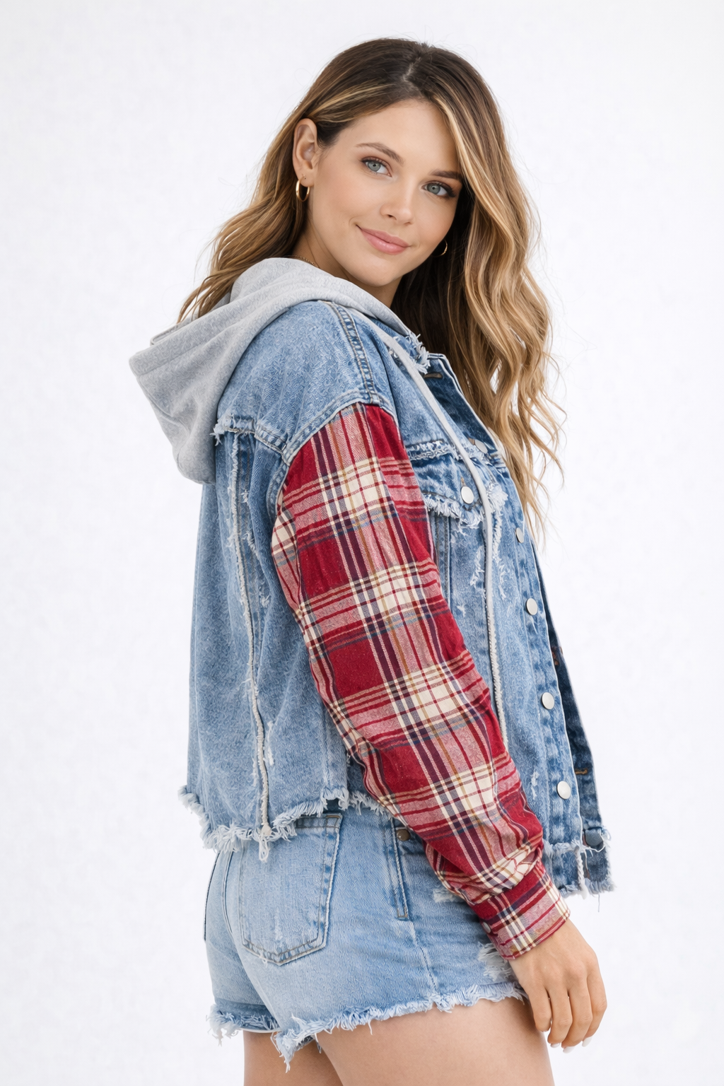 Plaid Drawstring Denim Jacket